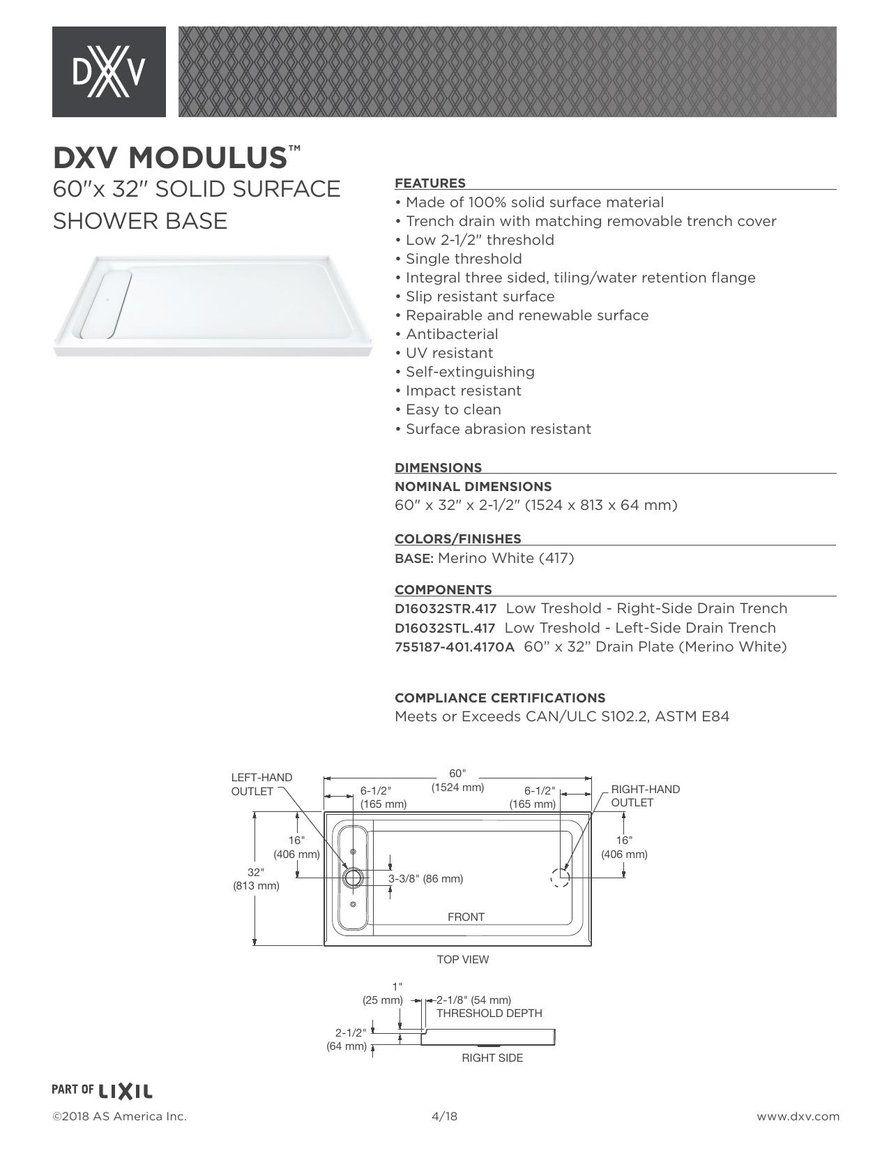 DXV® Modulus 60” X 32” SOLID SURFACE SHOWER BASE – LEFT DRAIN | LIXIL Pro